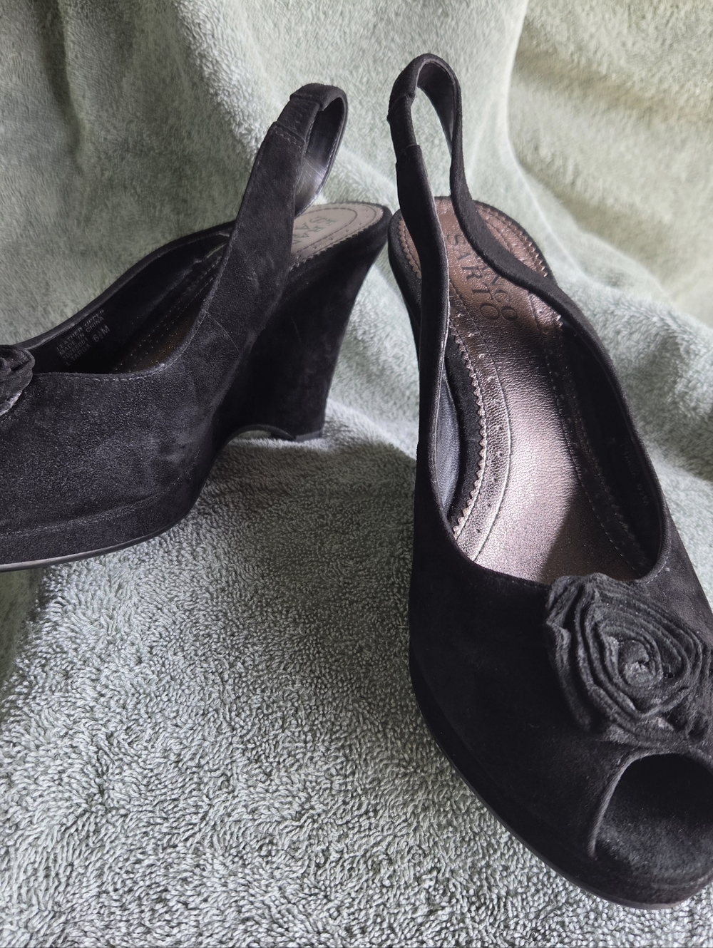 Black Suede Slingback Peep-Toe Wedge Heels 100% Leather